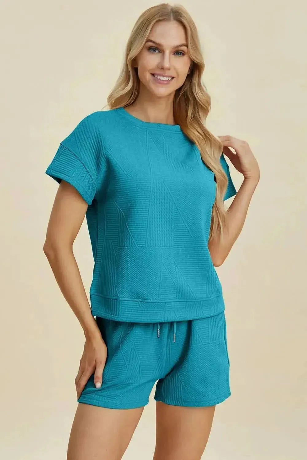 Double Take Full Size Texture Short Sleeve Top and Shorts Set - Bad Moms Club