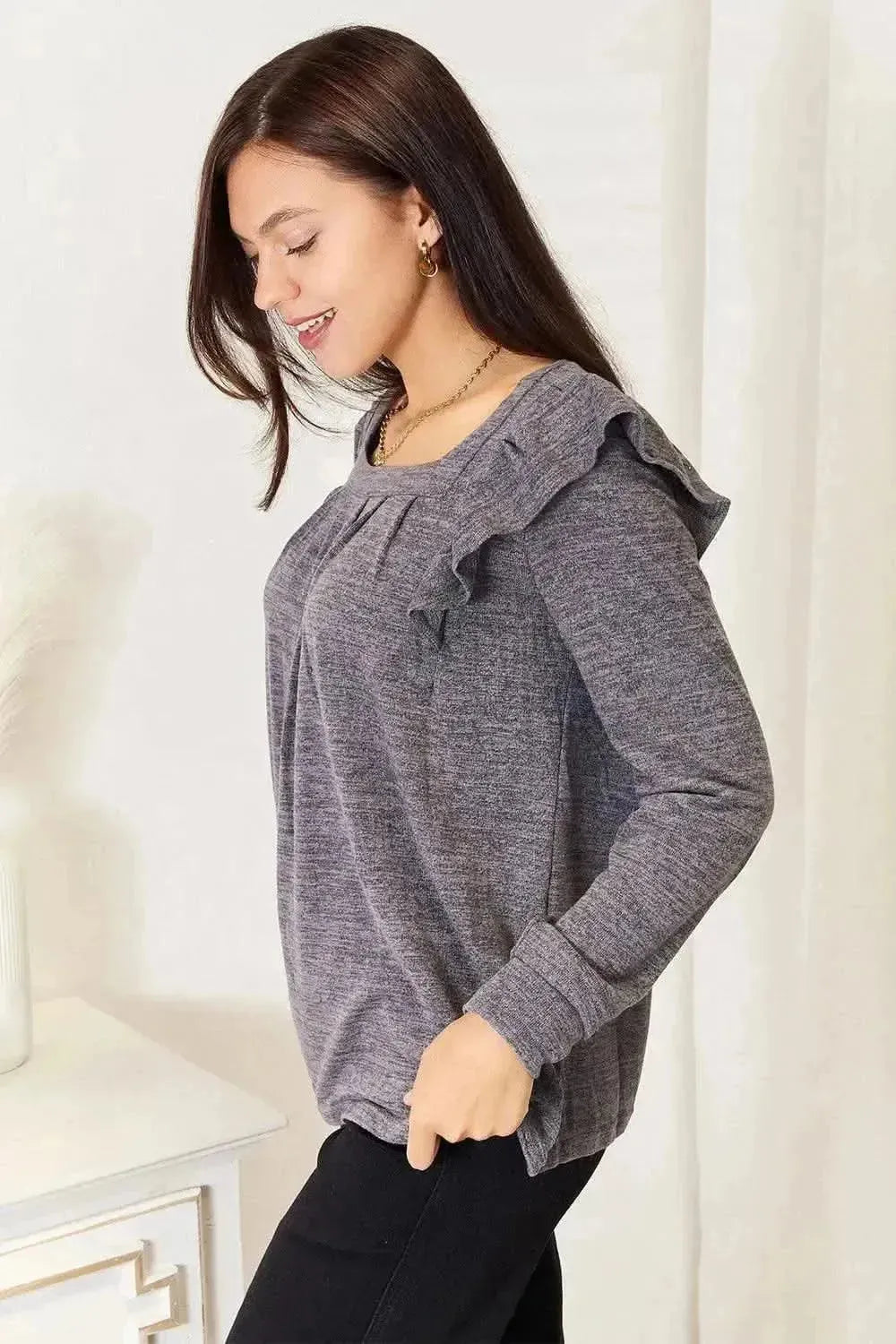 Double Take Square Neck Ruffle Shoulder Long Sleeve T-Shirt - Bad Moms Club