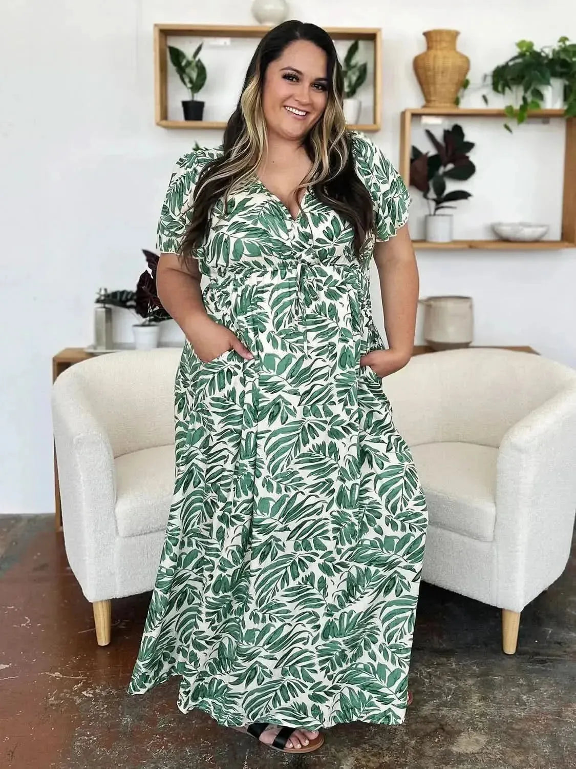 Double Take Full Size Printed Drawstring Short Sleeve Dress - Bad Moms Club