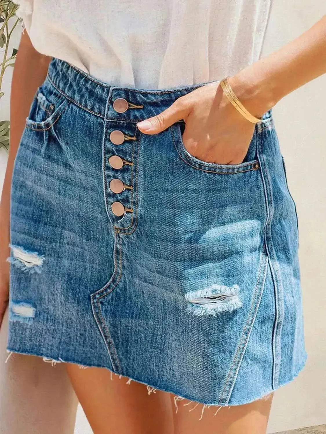 Button-Fly Distressed Raw Hem Denim Skirt - Bad Moms Club