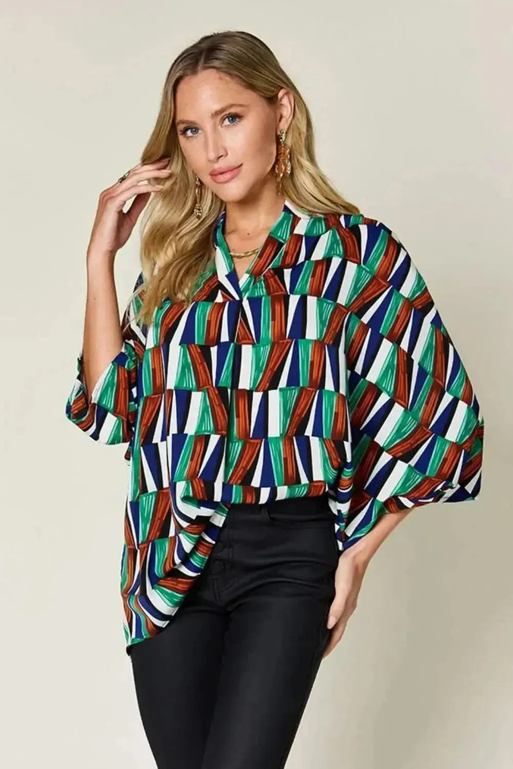 Double Take Full Size Geometric Notched Dolman Sleeve Top - Bad Moms Club