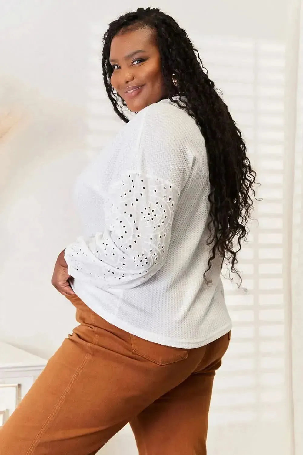Shiny Eyelet Dropped Shoulder Round Neck Blouse - Bad Moms Club