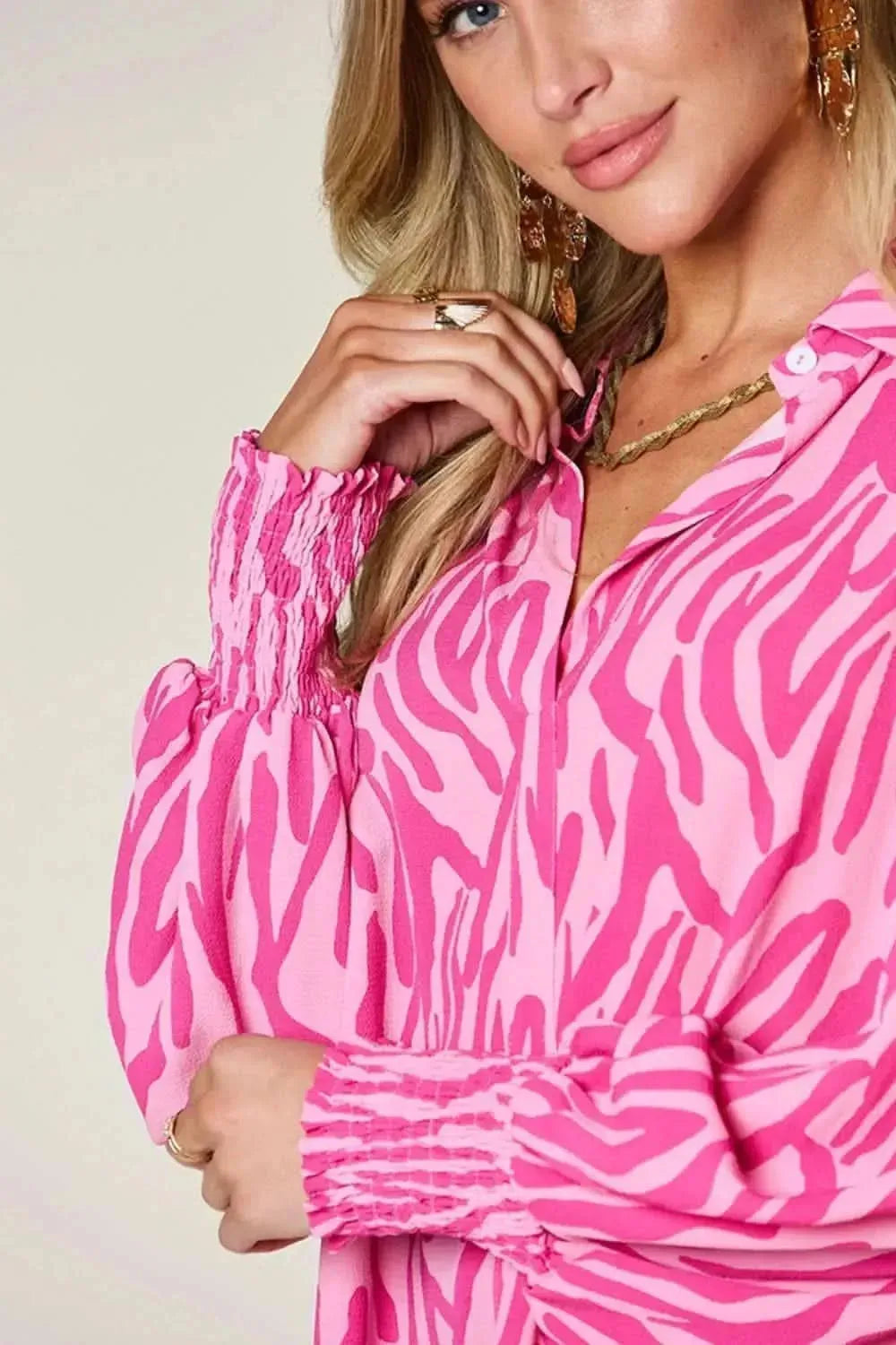 Double Take Full Size Printed Smocked Long Sleeve Blouse - Bad Moms Club