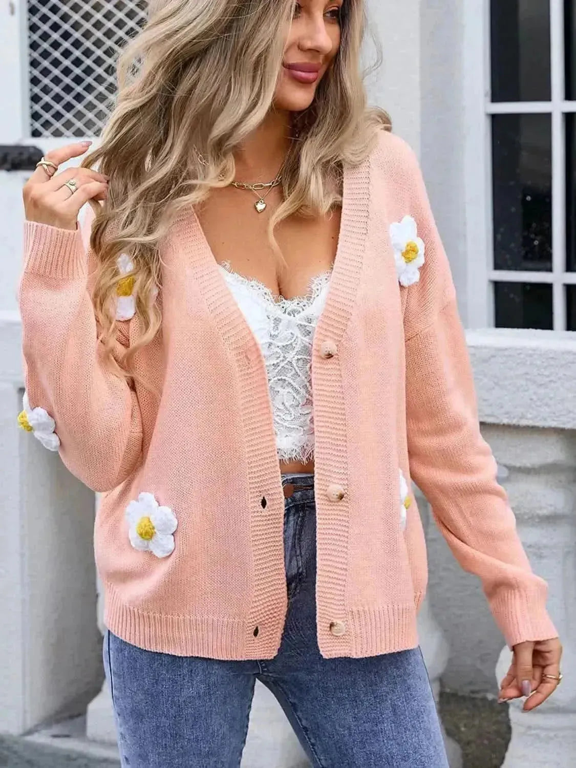 Crochet Flower Button Up Cardigan - Bad Moms Club