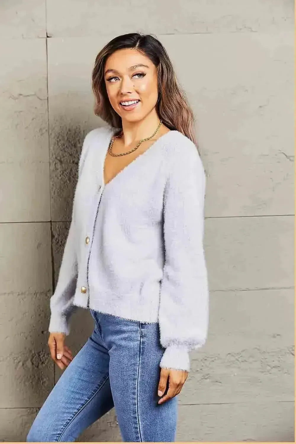 Fuzzy Long Sleeve Button Down Cardigan - Bad Moms Club