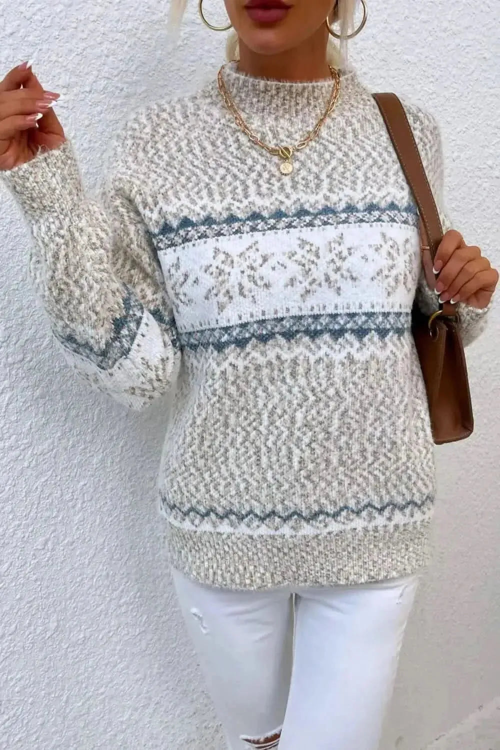Snowflake Pattern Mock Neck Sweater - Bad Moms Club