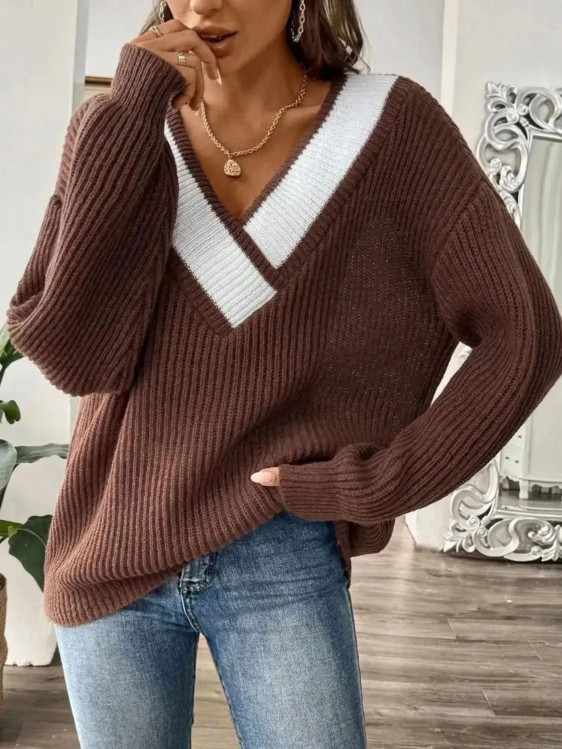 Contrast Dropped Shoulder Long Sleeve Sweater - Bad Moms Club