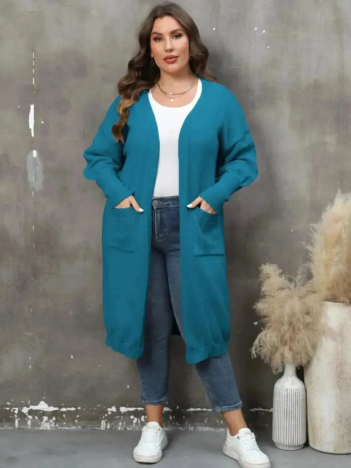 Plus Size Long Sleeve Pocketed Cardigan - Bad Moms Club