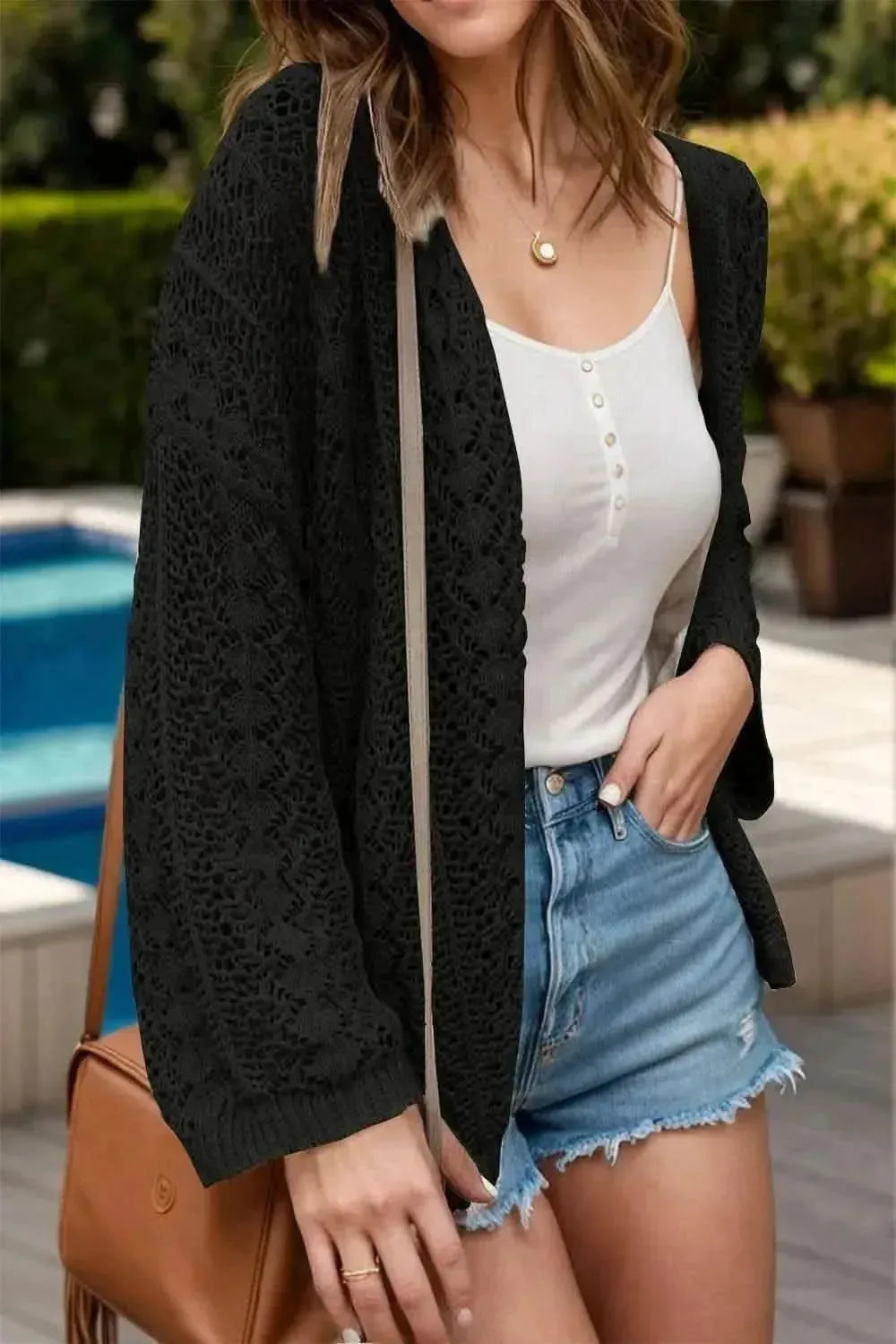 Openwork Open Front Dropped Shoulder Cardigan - Bad Moms Club