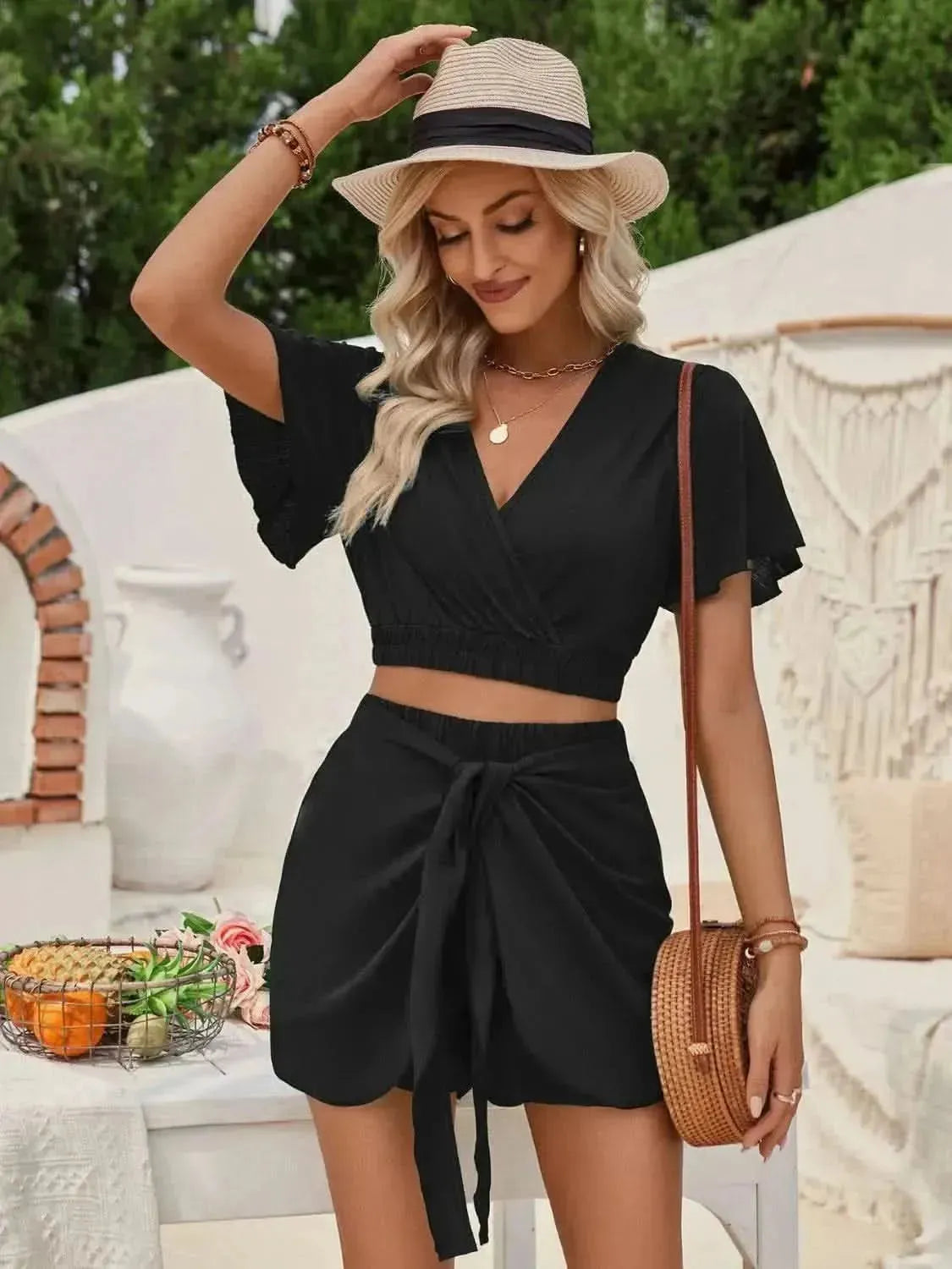 Surplice Flutter Sleeve Top and Tied Shorts Set - Bad Moms Club