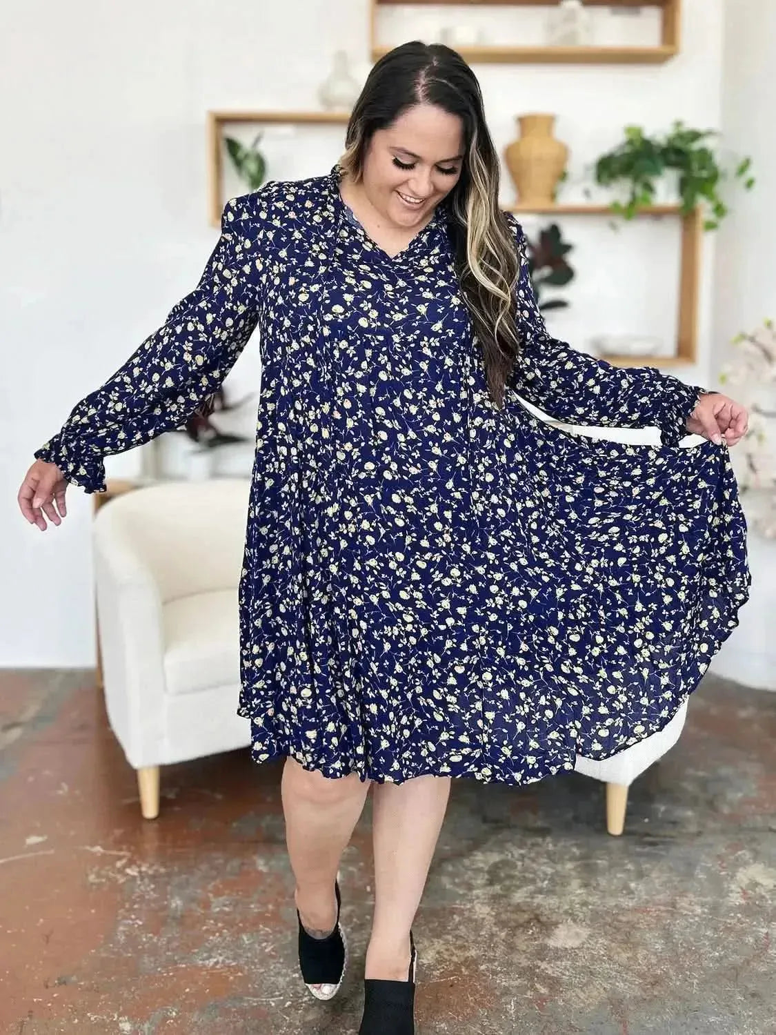 Double Take Full Size Printed Ruffle Hem Long Sleeve Tiered Dress - Bad Moms Club