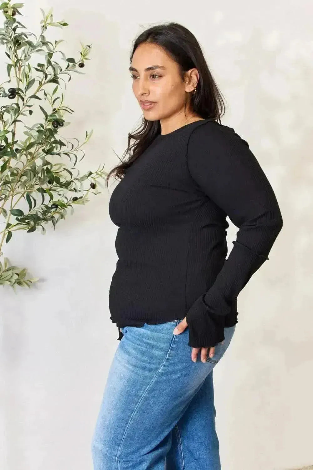 Culture Code Full Size Ribbed Round Neck Long Sleeve Top - Bad Moms Club