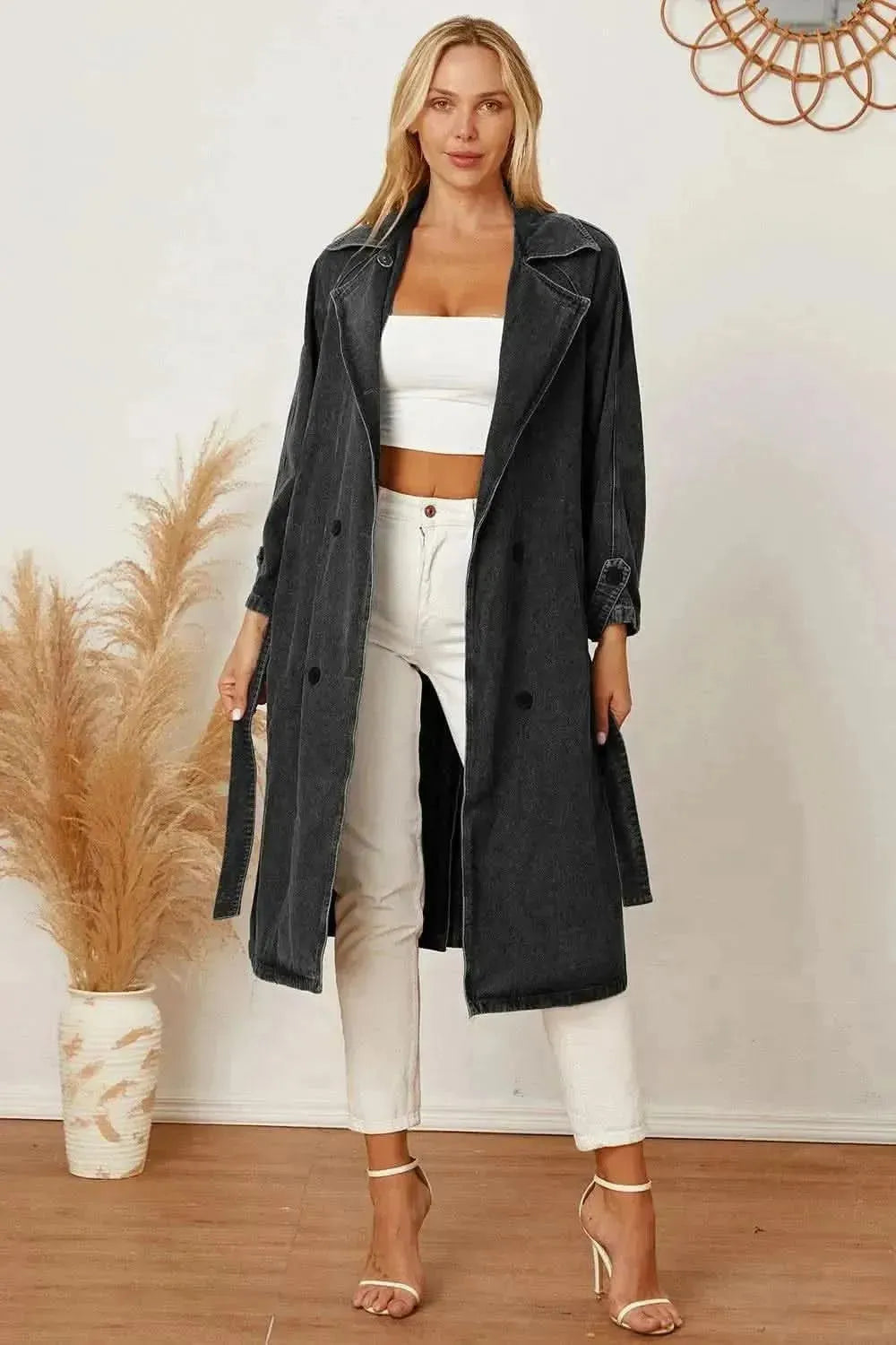 MeiMei Double-Breasted Belted Longline Denim Jacket - Bad Moms Club