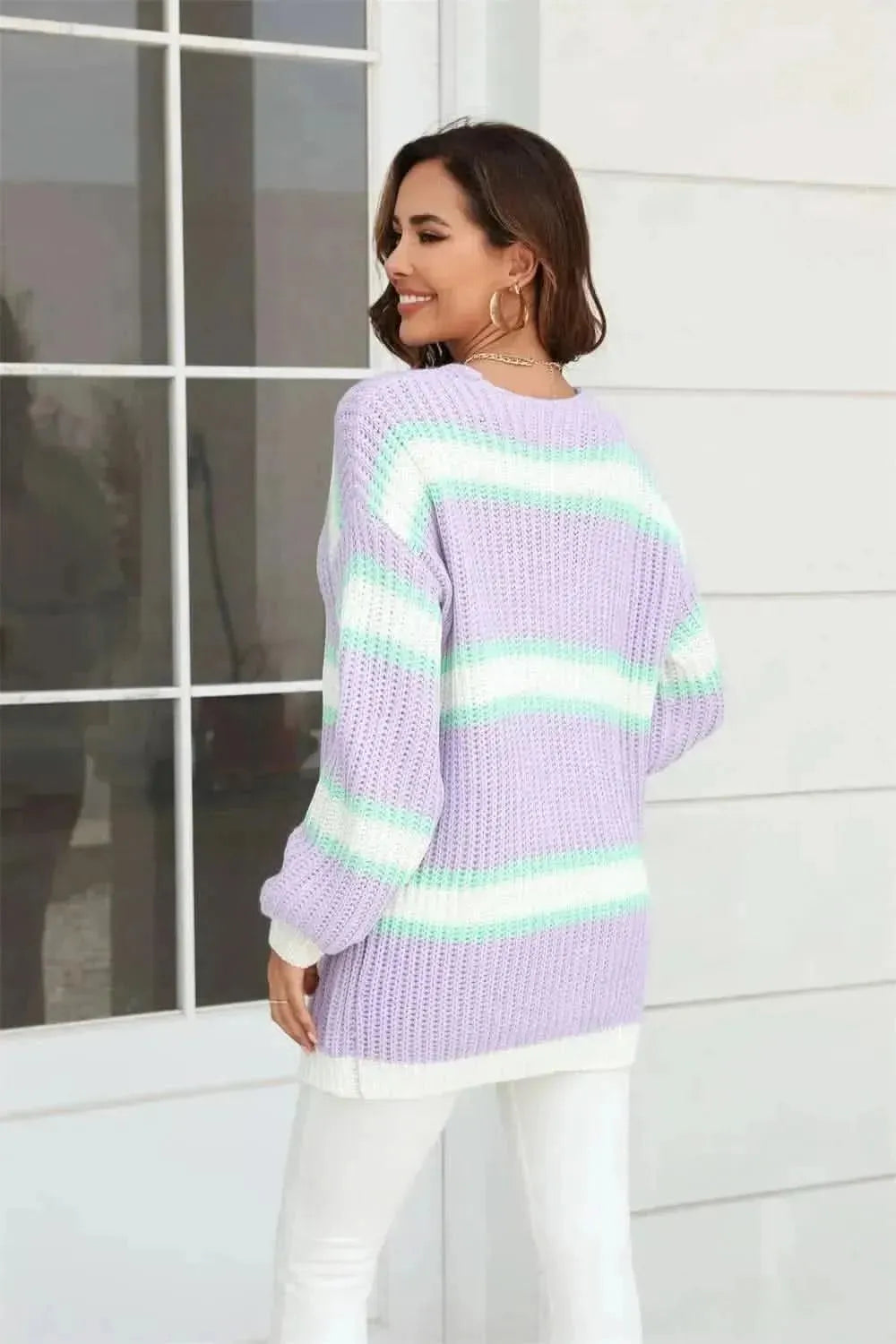 Color Block Ribbed Dropped Shoulder Open Front Cardigan - Bad Moms Club