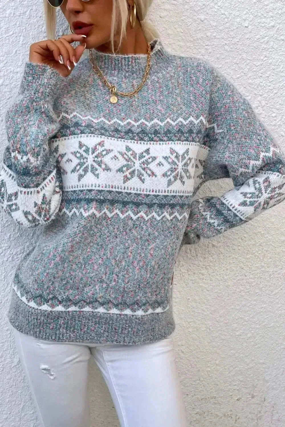 Snowflake Pattern Mock Neck Sweater - Bad Moms Club