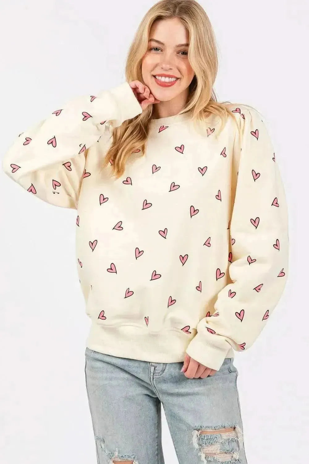 SAGE + FIG Heart Printed Contrast Long Sleeve Sweatshirt - Bad Moms Club