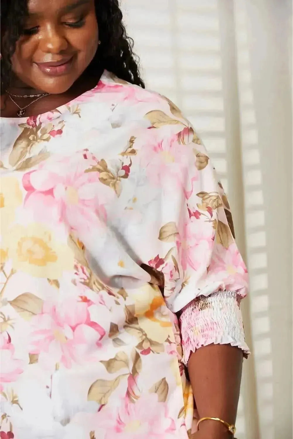 Double Take Floral Round Neck Three-Quarter Sleeve Top - Bad Moms Club
