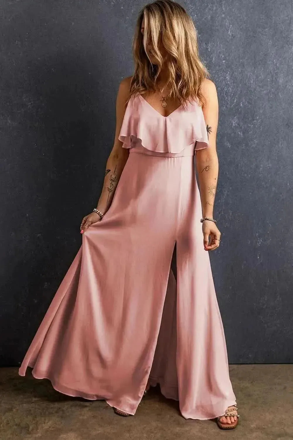 Slit Ruffled V-Neck Maxi Dress - Bad Moms Club