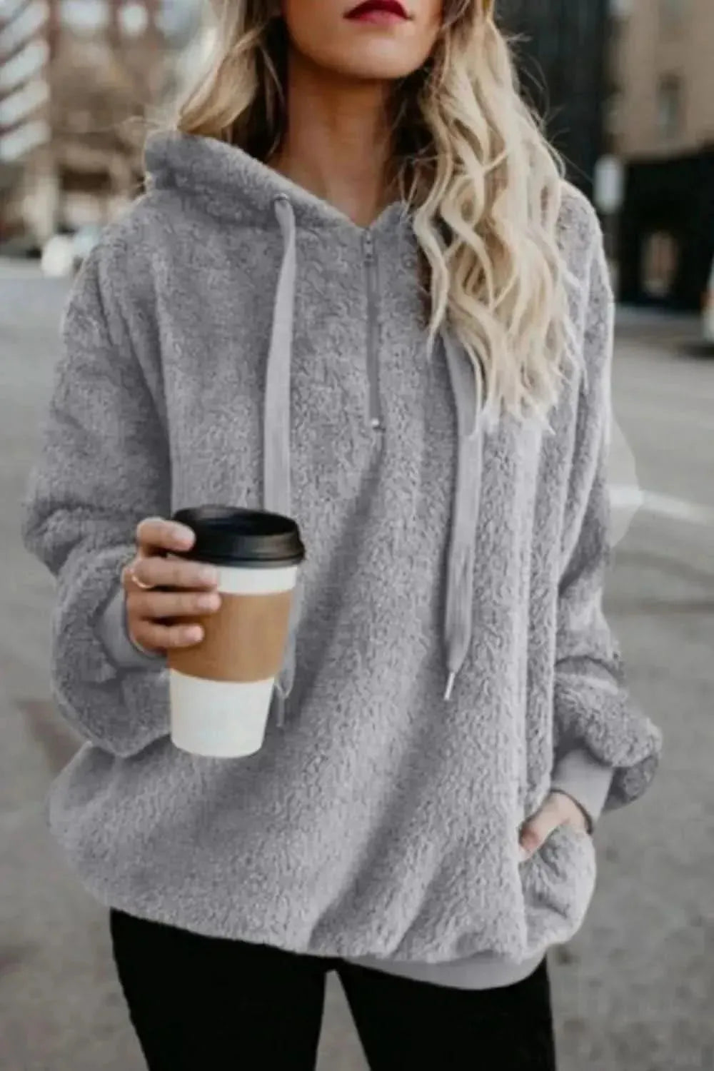 Full Size Quarter-Zip Drawstring Teddy Hoodie - Bad Moms Club