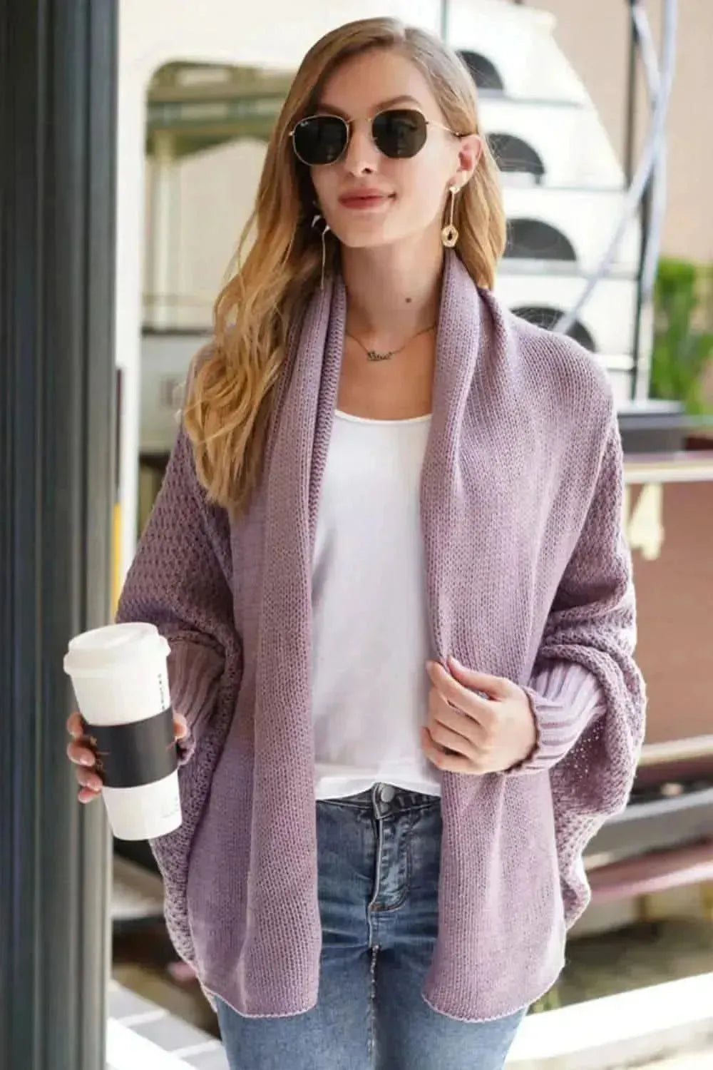 Dolman Sleeve Open Front Ribbed Trim Longline Cardigan - Bad Moms Club