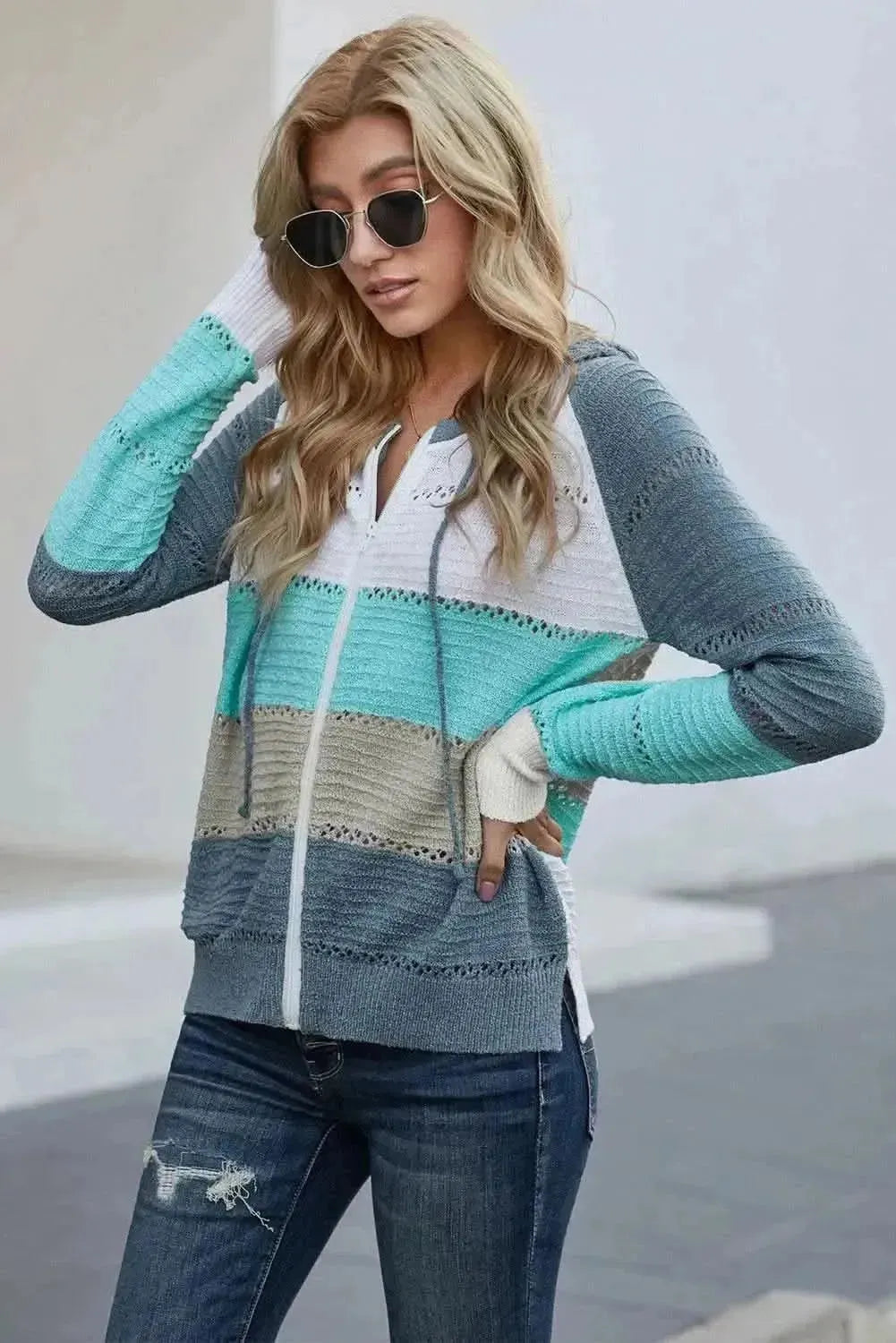 Zip-Up Raglan Sleeve Openwork Hooded Cardigan - Bad Moms Club