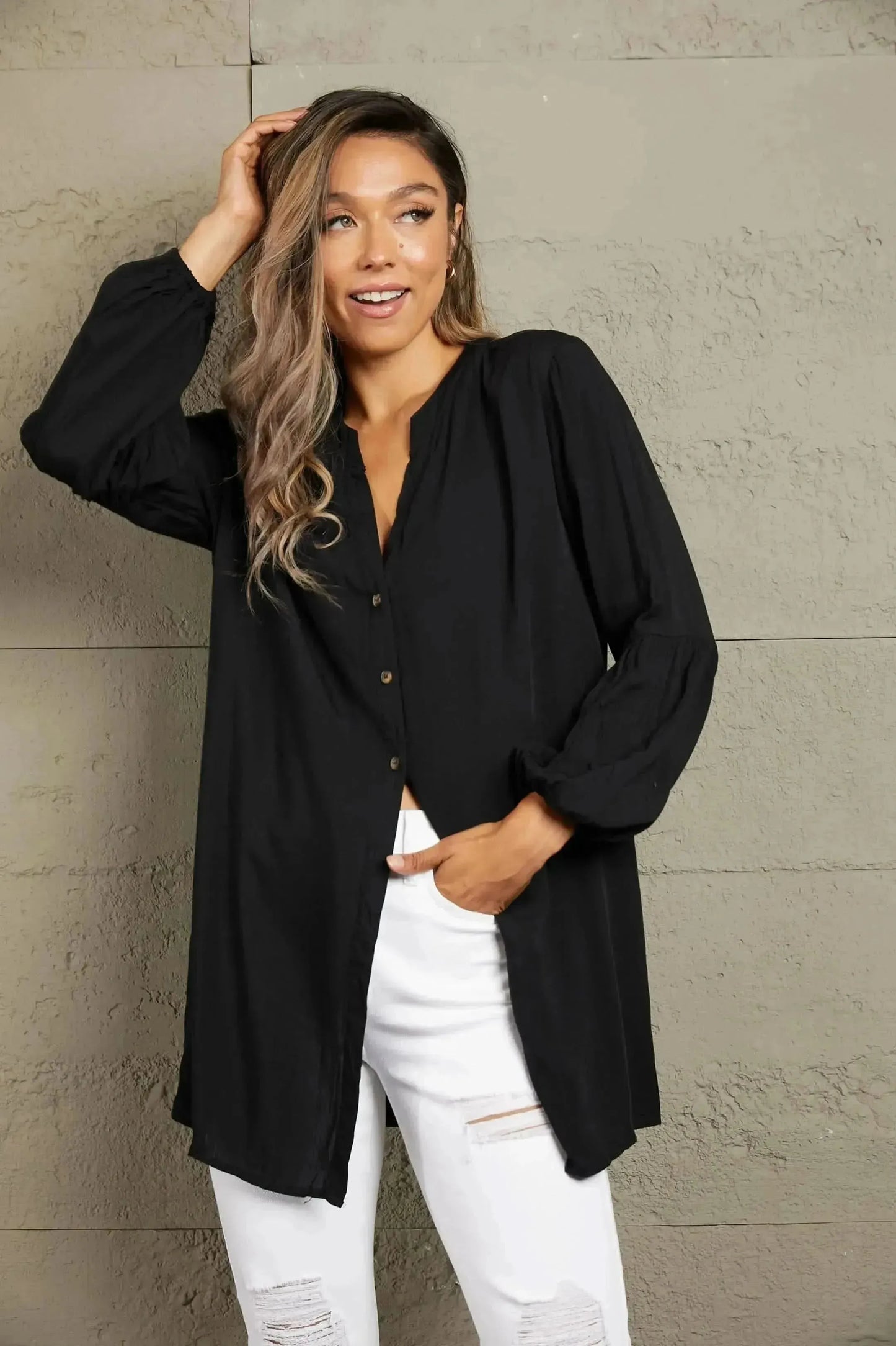Ivy Lane Notched Neck Balloon Sleeve Shirt - Bad Moms Club
