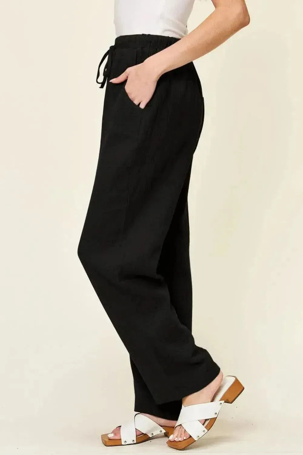 Double Take Full Size Texture Drawstring Straight Pants - Bad Moms Club