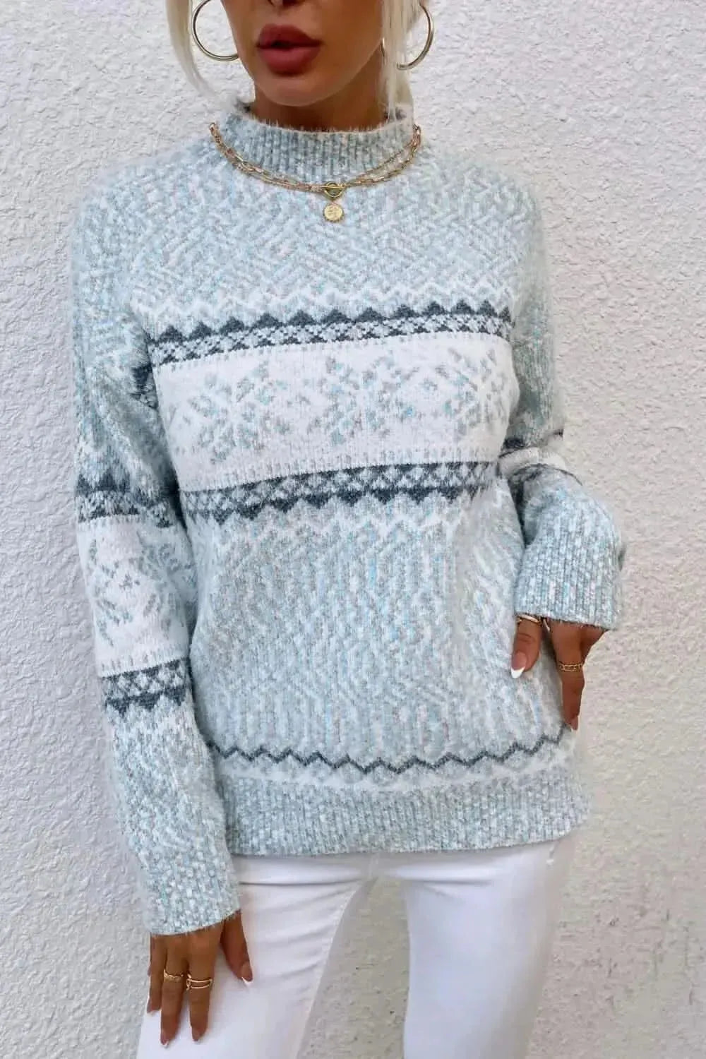Snowflake Pattern Mock Neck Sweater - Bad Moms Club