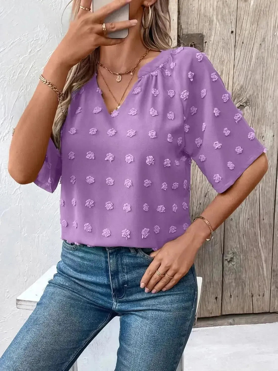 Ivy Lane Swiss Dot Notched Half Sleeve Blouse - Bad Moms Club