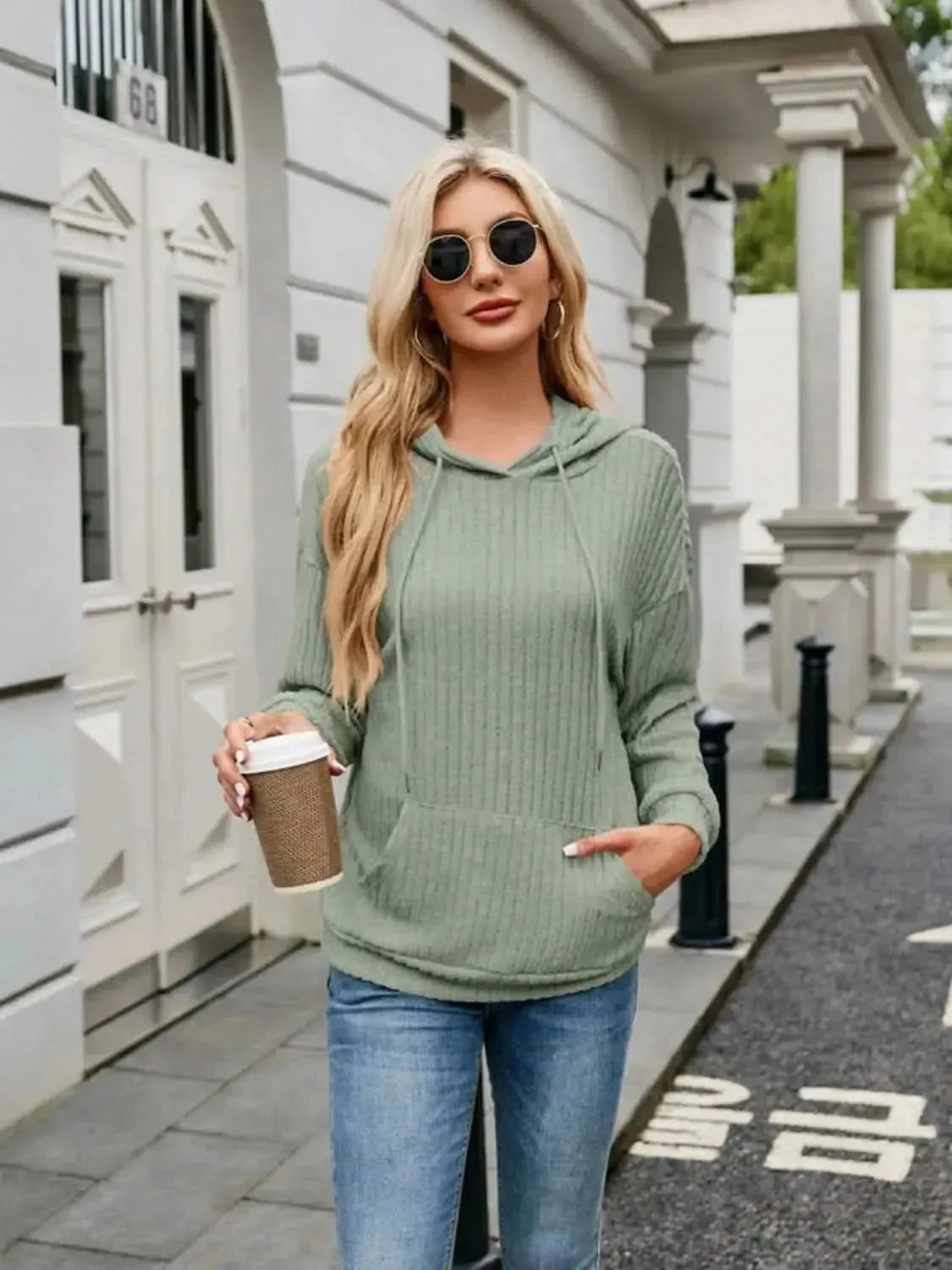 Ribbed Drawstring Long Sleeve Hoodie - Bad Moms Club