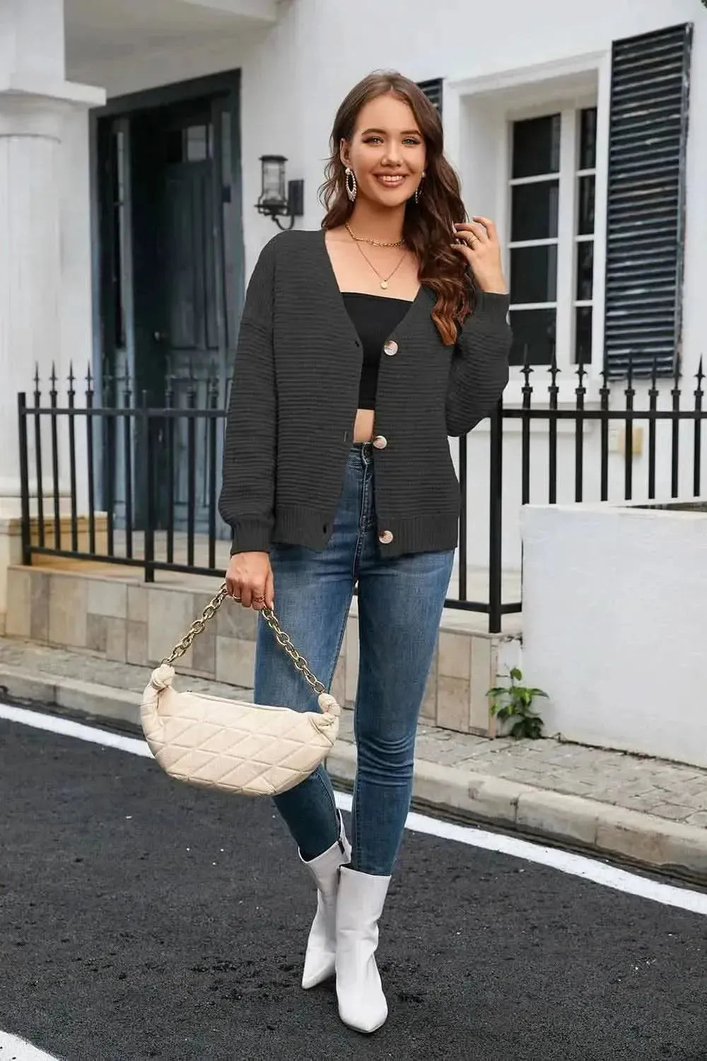 Horizontal Ribbing Button Down Cardigan - Bad Moms Club