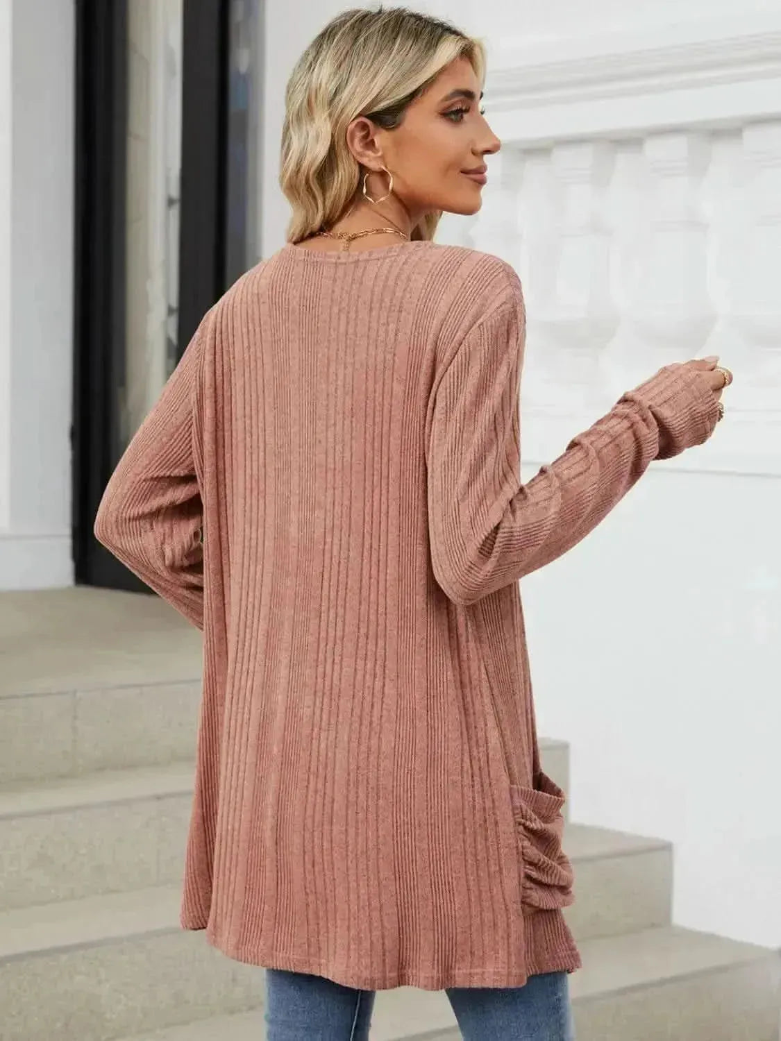 Pocketed Open Front Long Sleeve Cardigan - Bad Moms Club