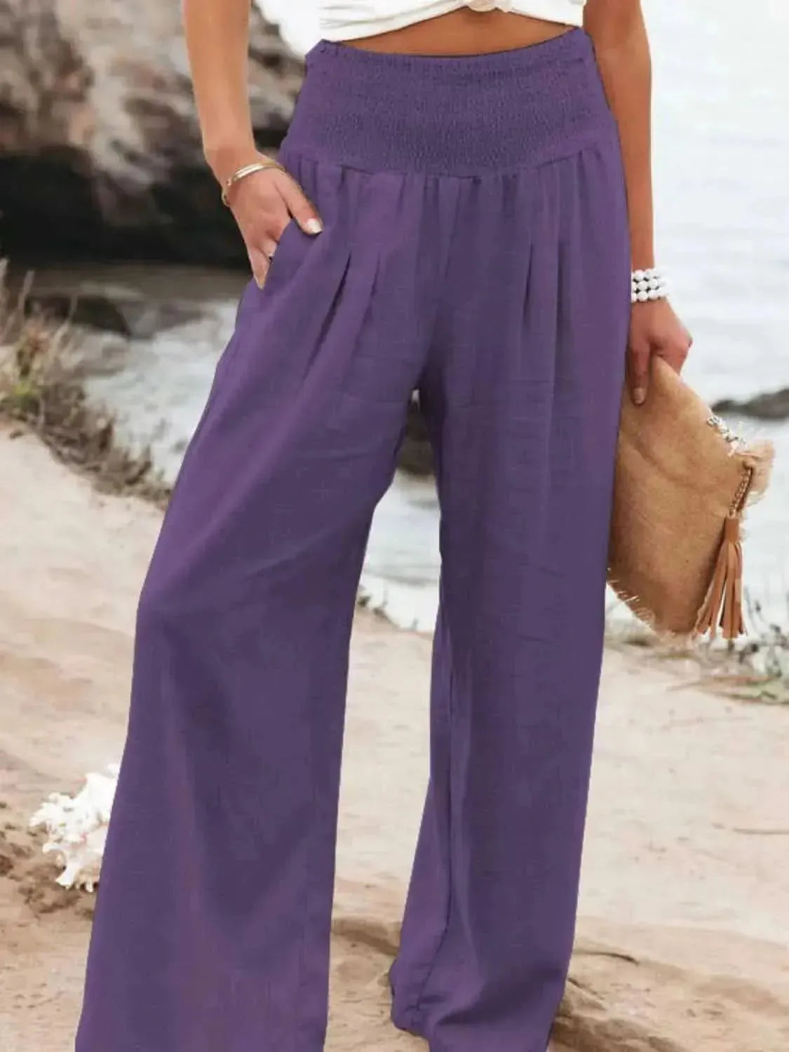 Full Size Smocked Waist Wide Leg Pants - Bad Moms Club