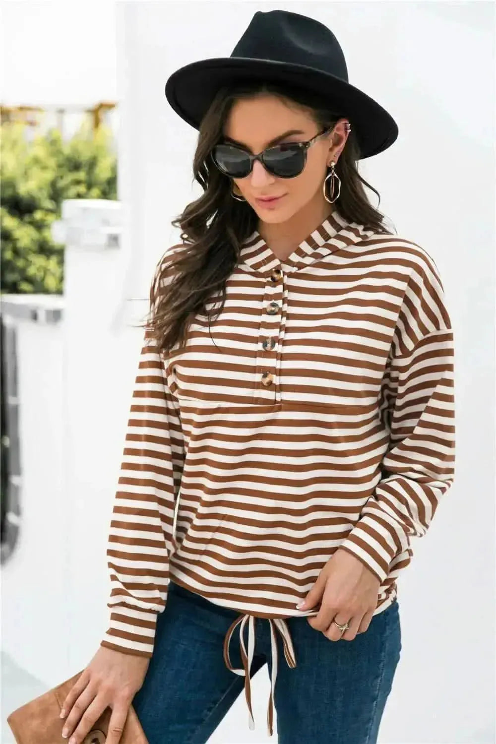 Striped Half-Button Dropped Shoulder Hoodie - Bad Moms Club