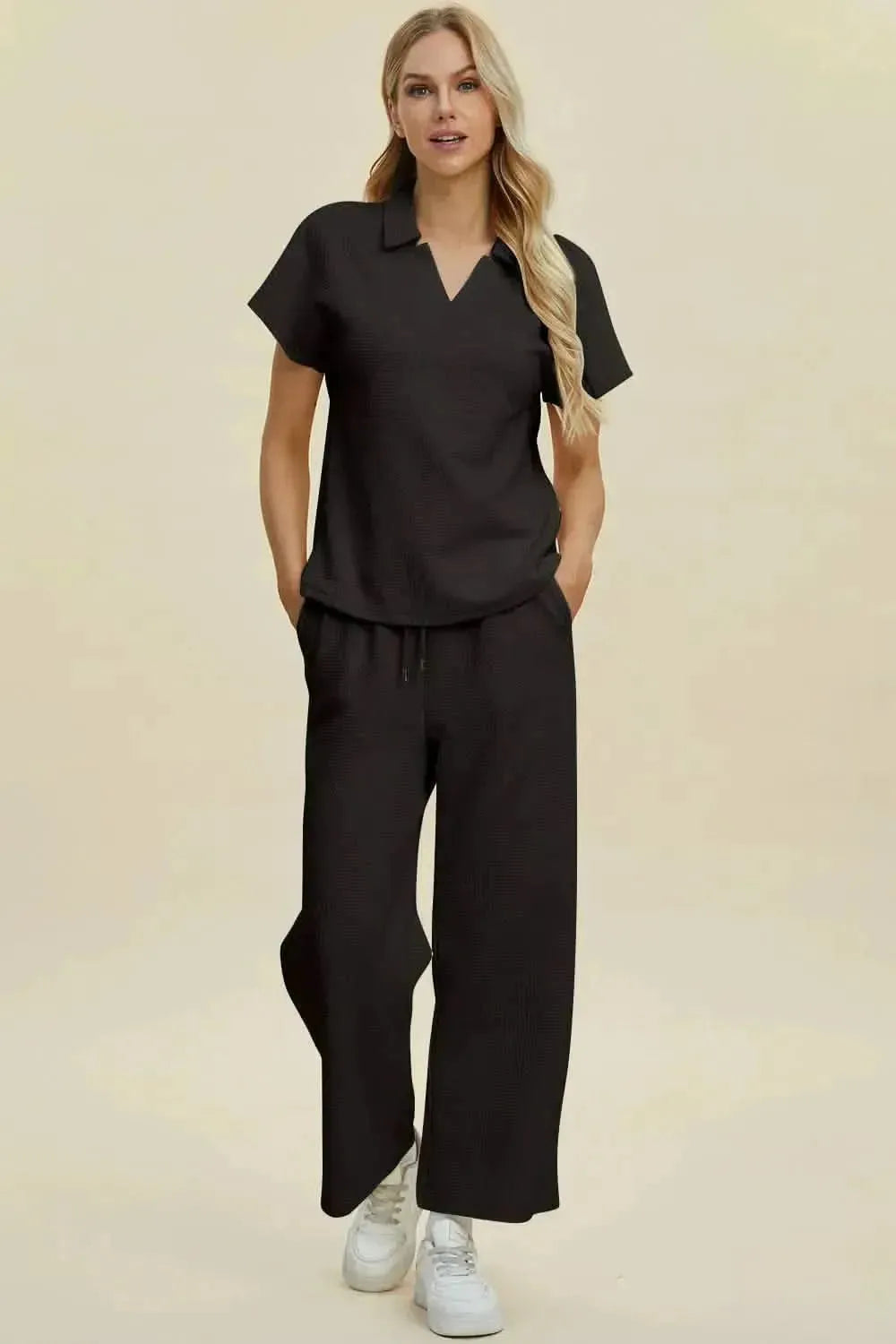 Double Take Full Size Collared Neck Short Sleeve Top and Pants Set - Bad Moms Club