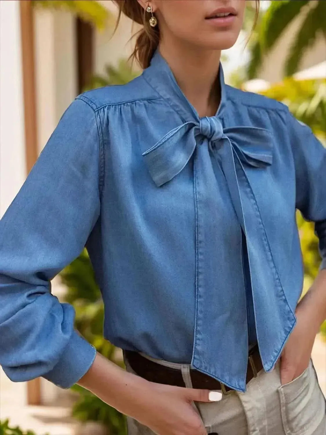 MeiMei Tie Neck Long Sleeve Denim Top - Bad Moms Club