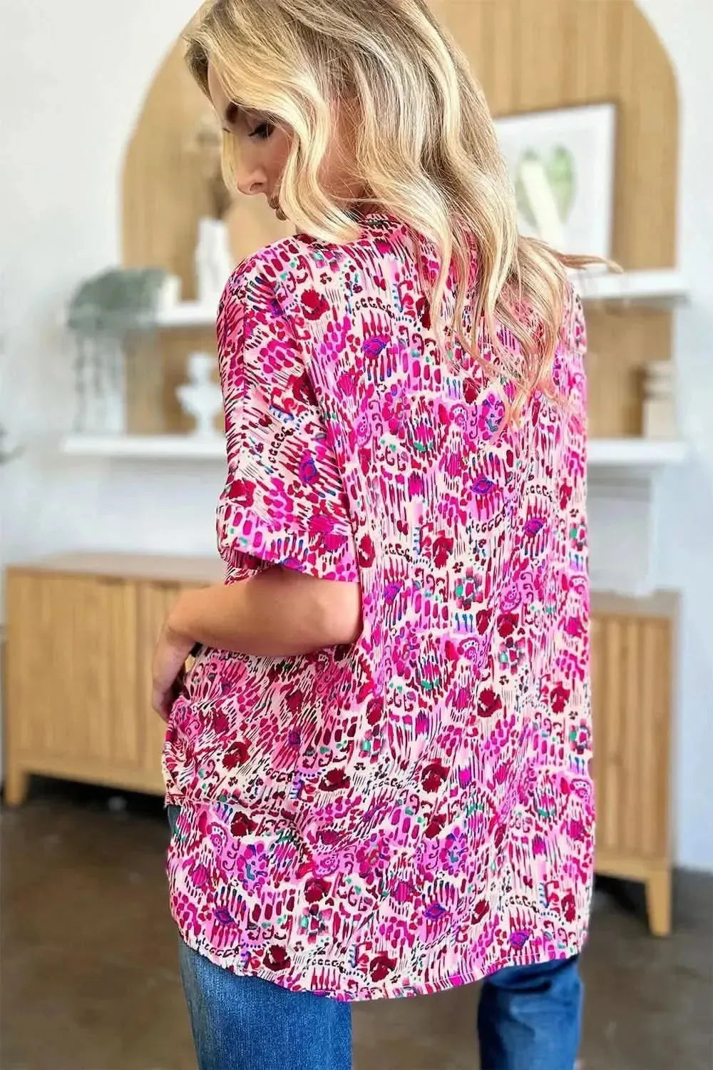 Double Take Full Size Printed V-Neck Short Sleeve Blouse - Bad Moms Club
