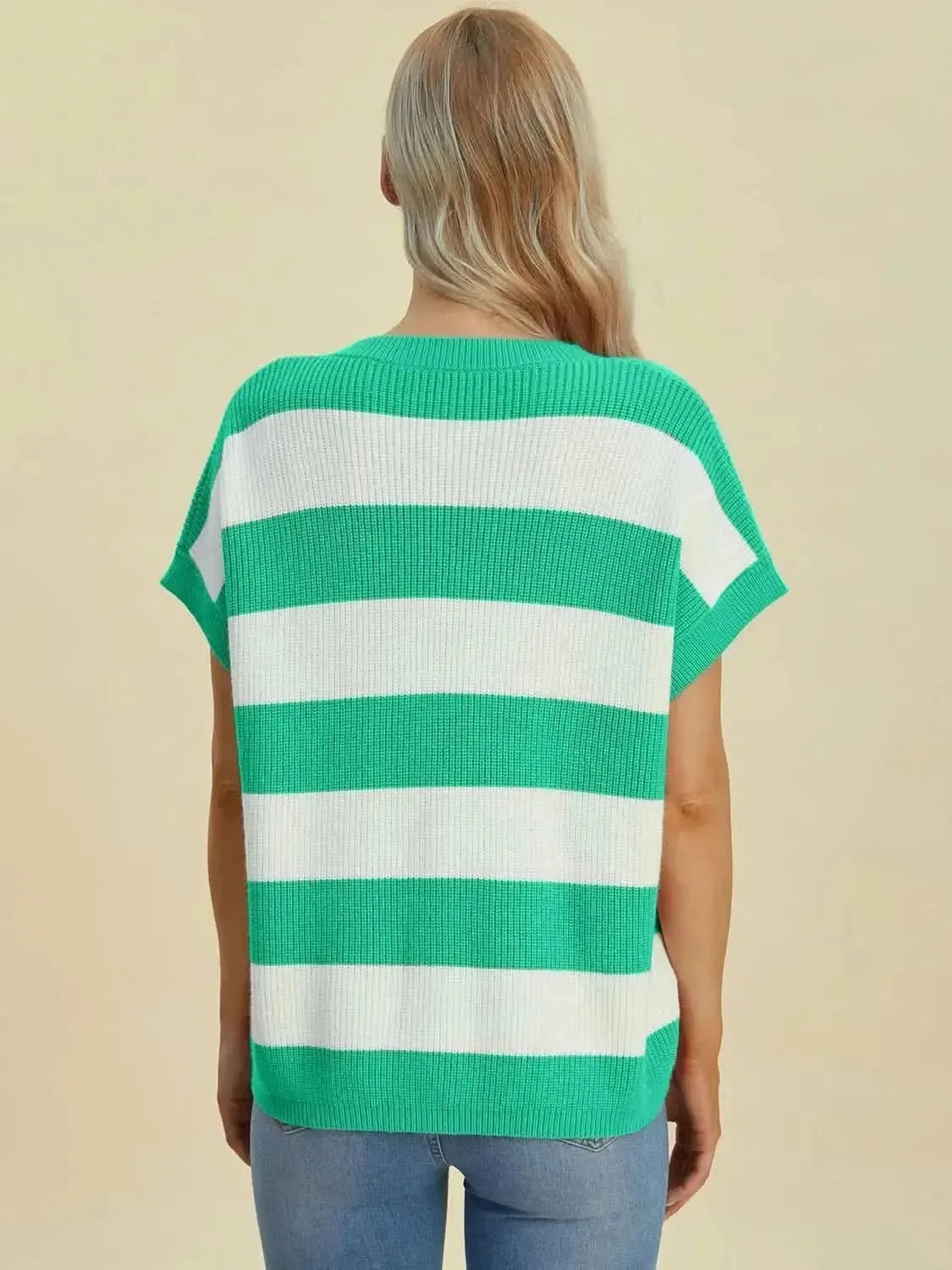 Double Take Full Size Striped V-Neck Short Sleeve Sweater - Bad Moms Club