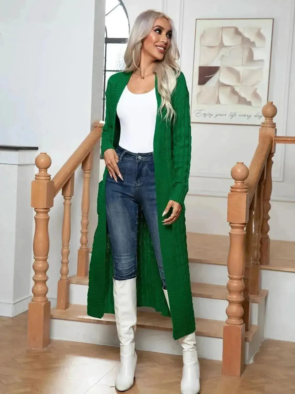 Cable-Knit Open Front Cardigan with Pockets - Bad Moms Club