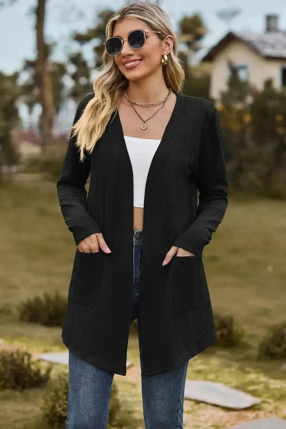 Cable-Knit Long Sleeve Cardigan with Pocket - Bad Moms Club