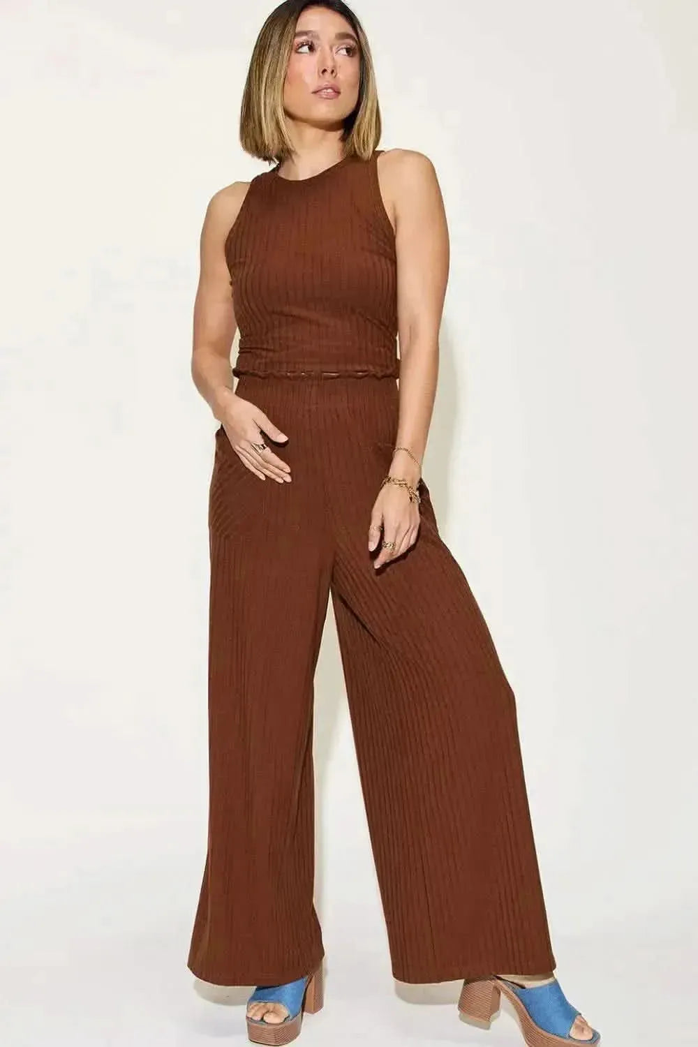 Basic Bae Full Size Ribbed Tank and Wide Leg Pants Set - Bad Moms Club