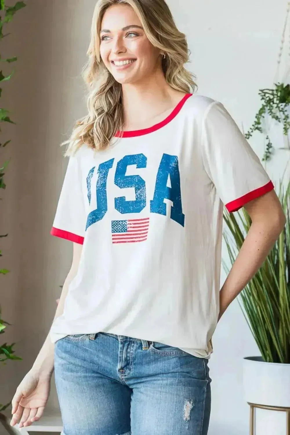 Heimish Full Size USA Contrast Trim Short Sleeve T-Shirt - Bad Moms Club