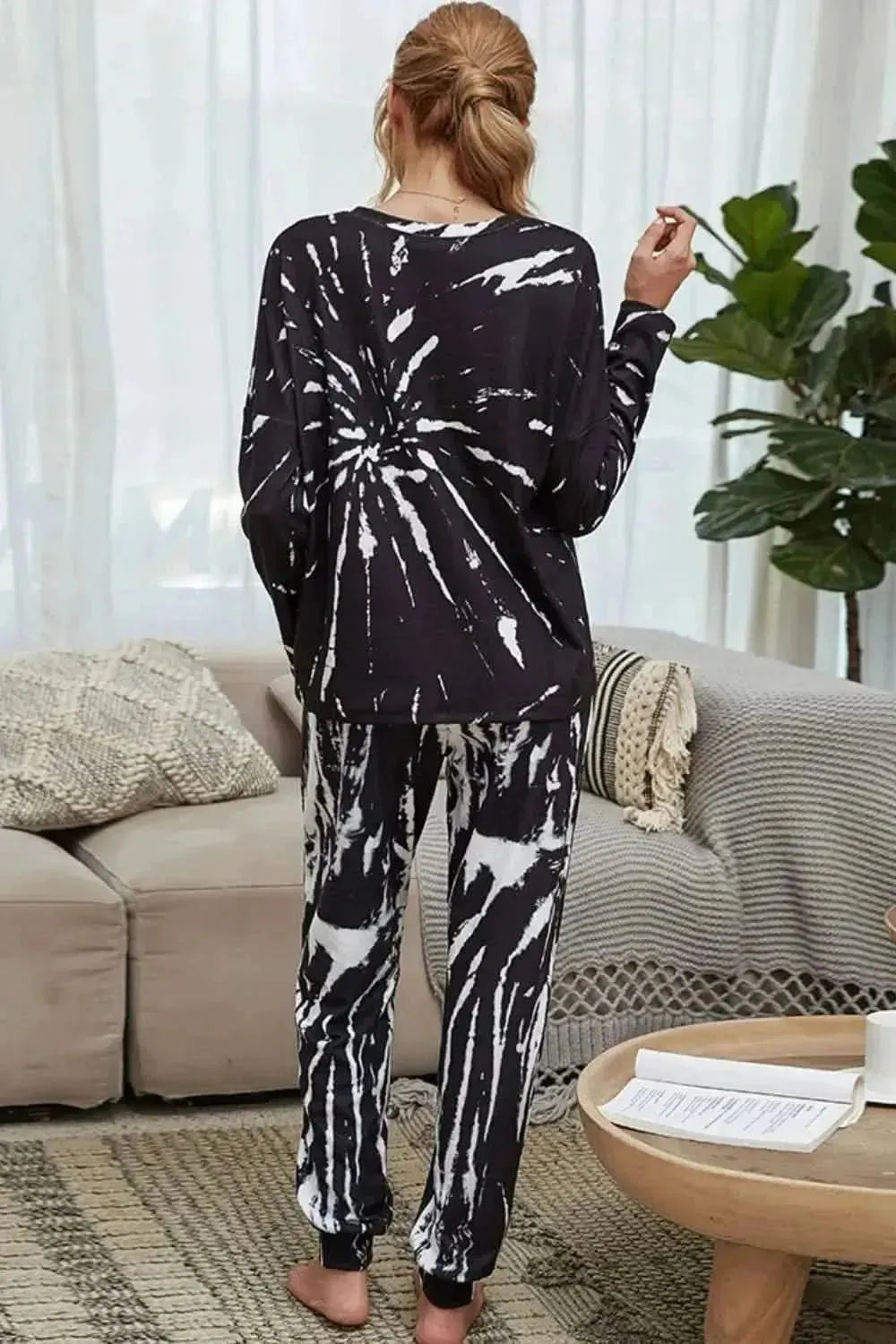 Shiny Tie-Dye Round Neck Top and Drawstring Waist Joggers Lounge Set - Bad Moms Club