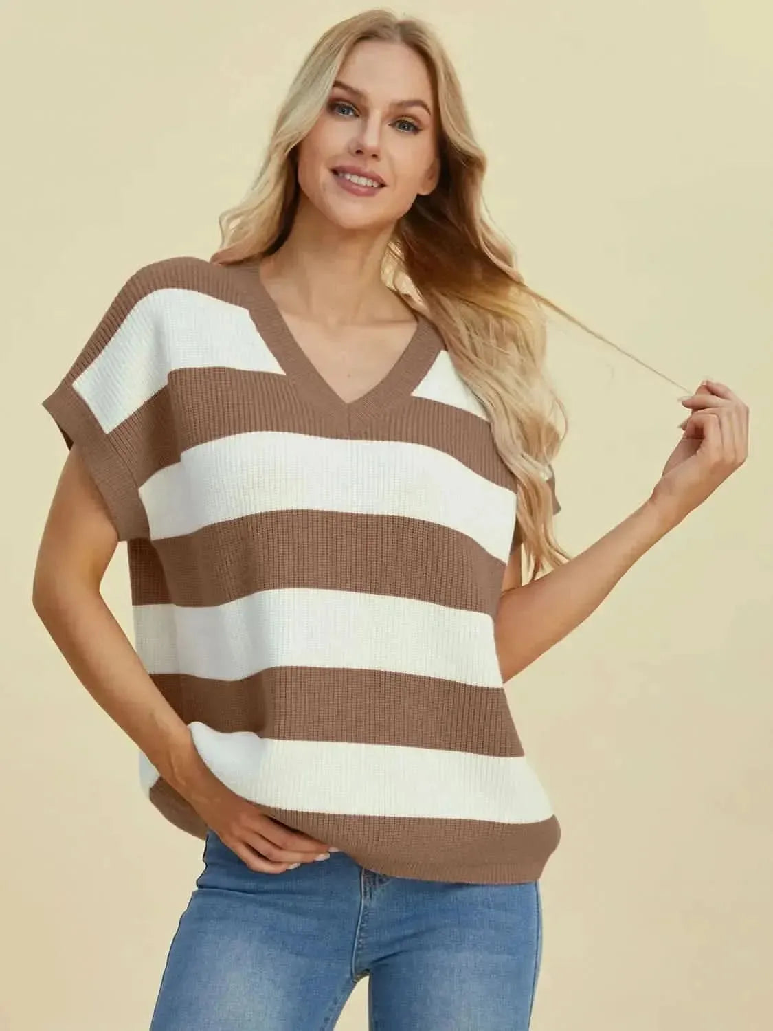 Double Take Full Size Striped V-Neck Short Sleeve Sweater - Bad Moms Club