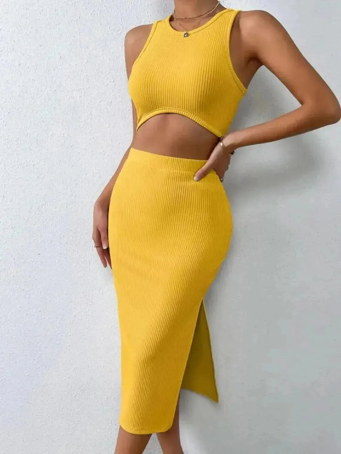 Ribbed Round Neck Tank and Slit Skirt Sweater Set - Bad Moms Club