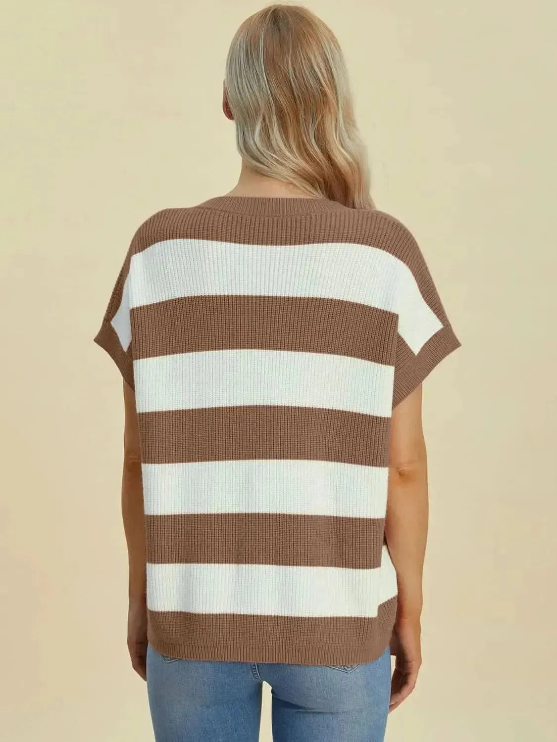 Double Take Full Size Striped V-Neck Short Sleeve Sweater - Bad Moms Club