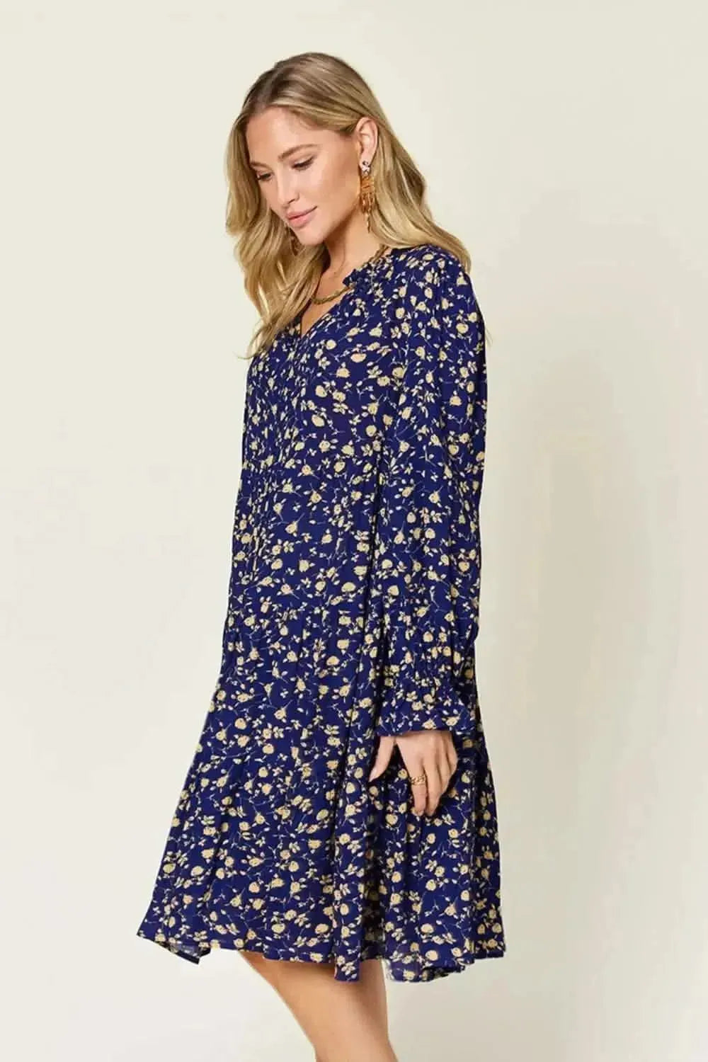 Double Take Full Size Printed Ruffle Hem Long Sleeve Tiered Dress - Bad Moms Club