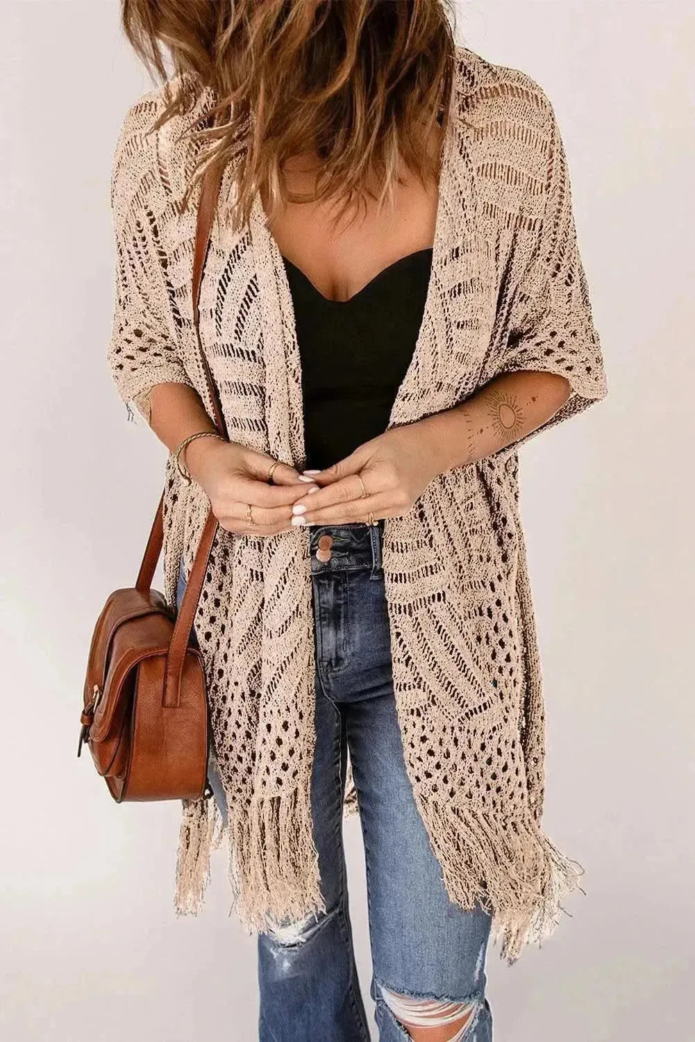 Openwork Open Front Cardigan with Fringes - Bad Moms Club