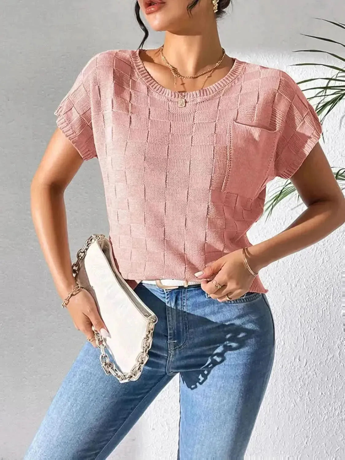 Round Neck Short Sleeve Knit Top - Bad Moms Club