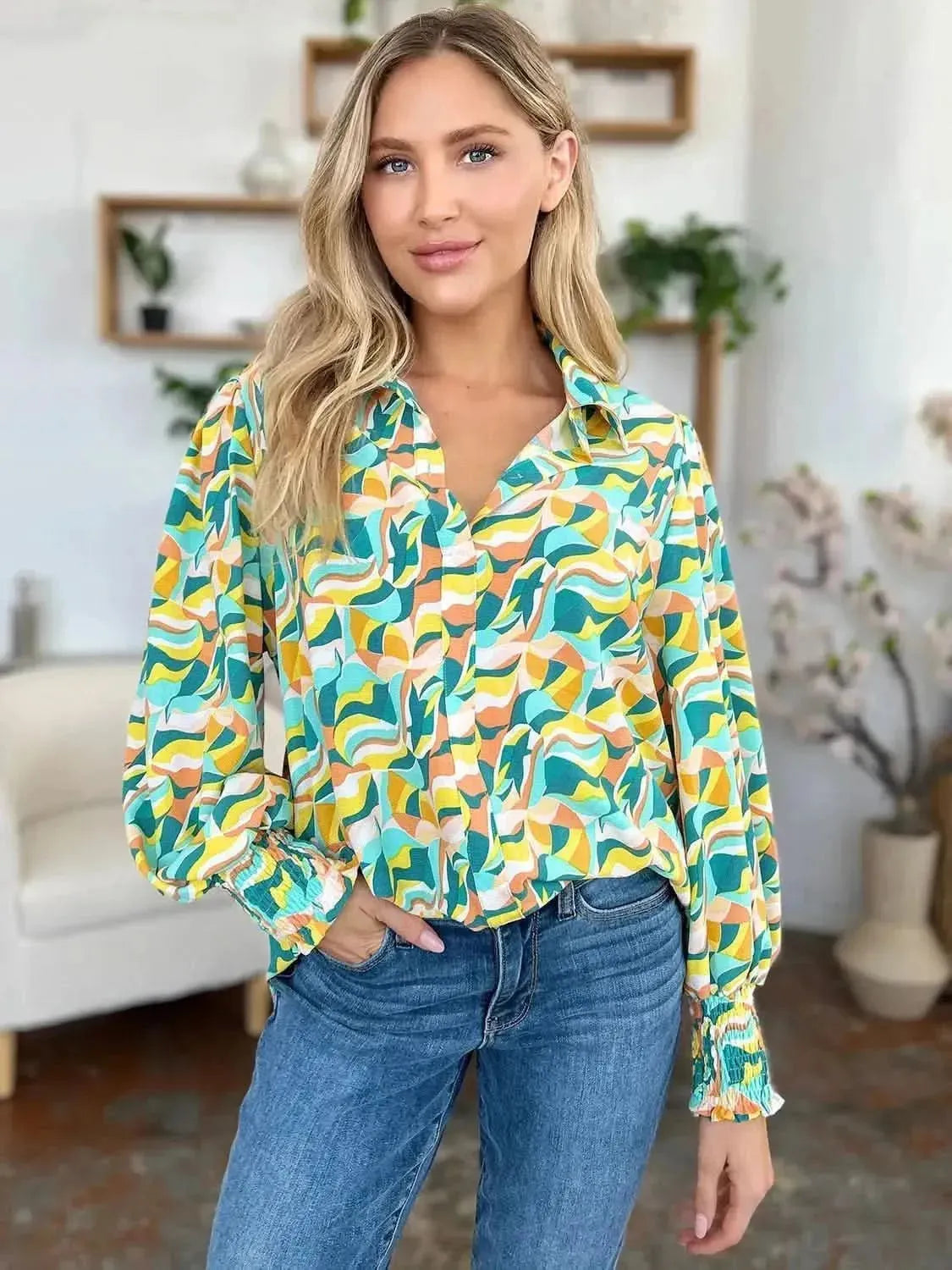 Double Take Full Size Printed Smocked Long Sleeve Blouse - Bad Moms Club